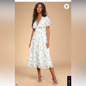 Lulus, Visions of Spring White Floral Print Embroidered Midi Dress